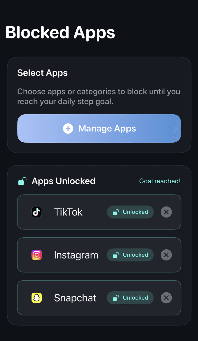 WalkBlock Blocked Apps screen