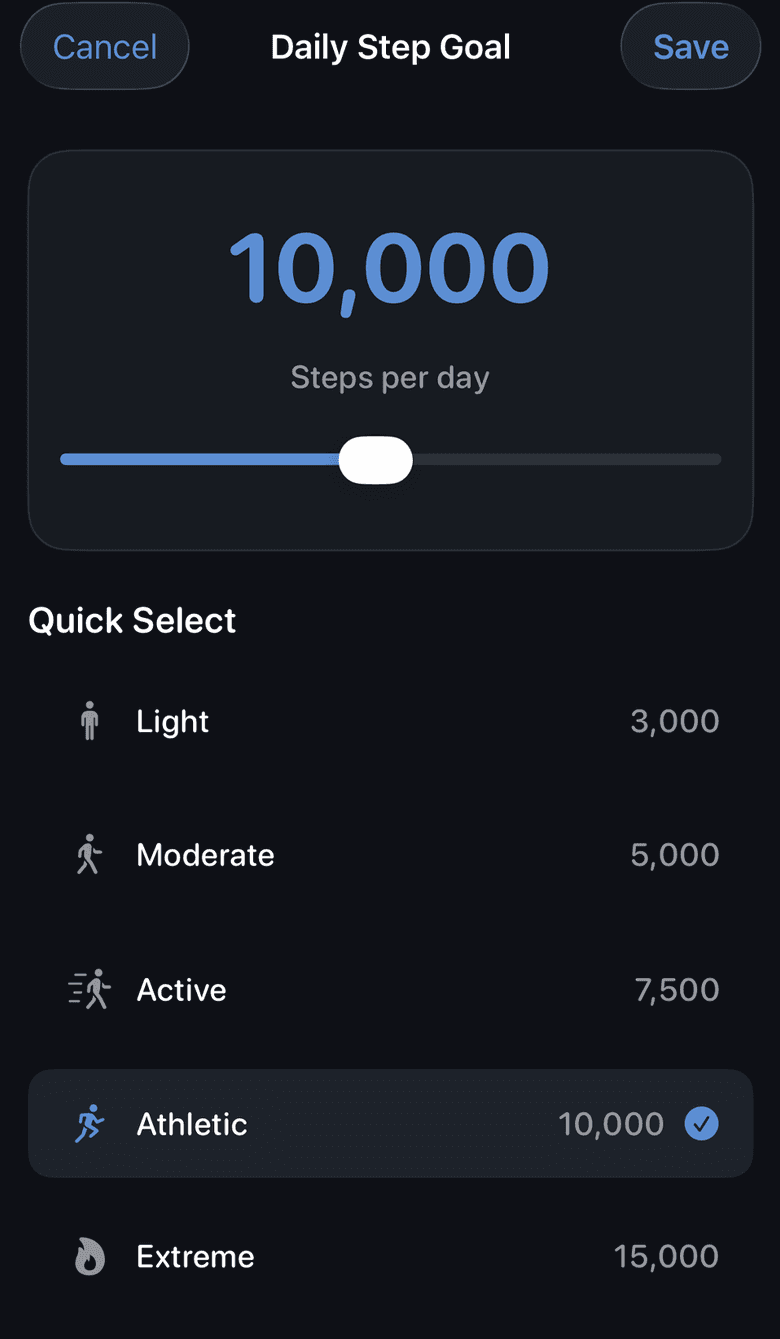 WalkBlock Daily Step Goal editor with Athletic 10,000 selected