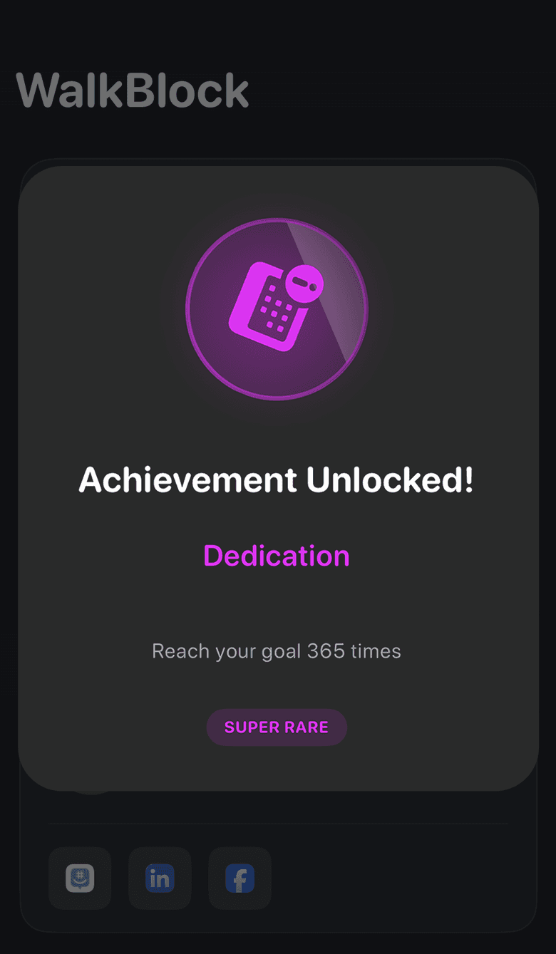 WalkBlock achievement unlocked screen showing a rare Dedication badge